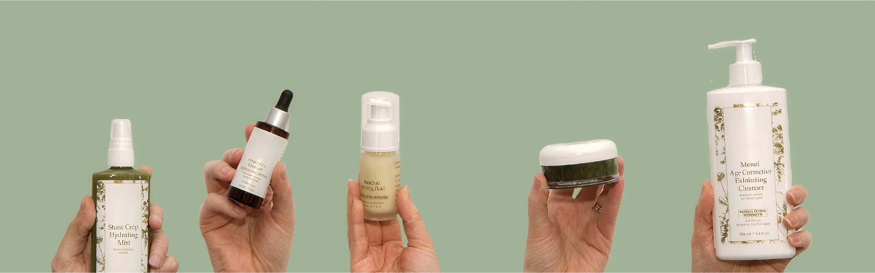 A coordinated range of cosmetic bottles, pumps and jars